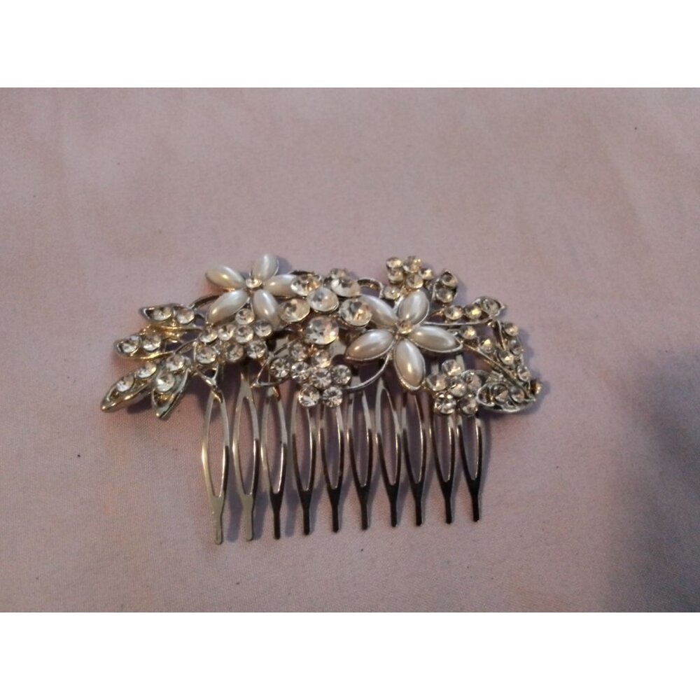 Vintage Bridal Hair Comb With Faux Pearl & Rhinestone Floral Design